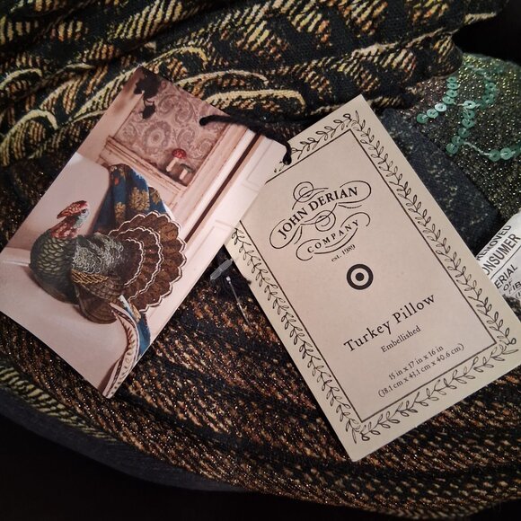 John Derian 2024 15x17 Beaded Sequins Thanksgiving Turkey Novelty Plush Pillow - Picture 4 of 6